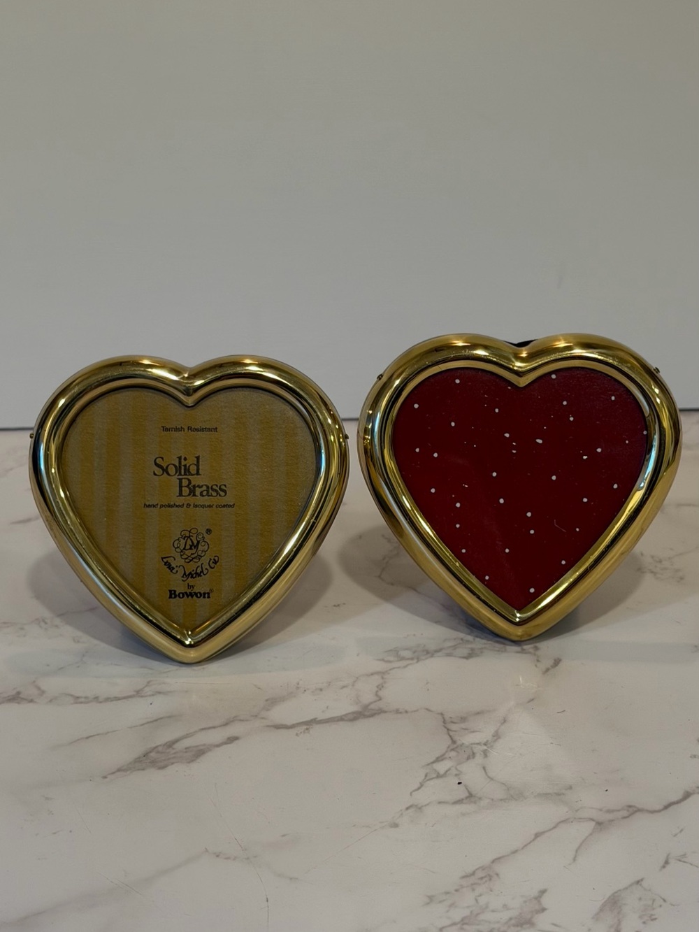 Vintage Pair of Solid Brass Heart Picture Frames Tarnish Resistant 3”x 3” - Picture 1 of 5